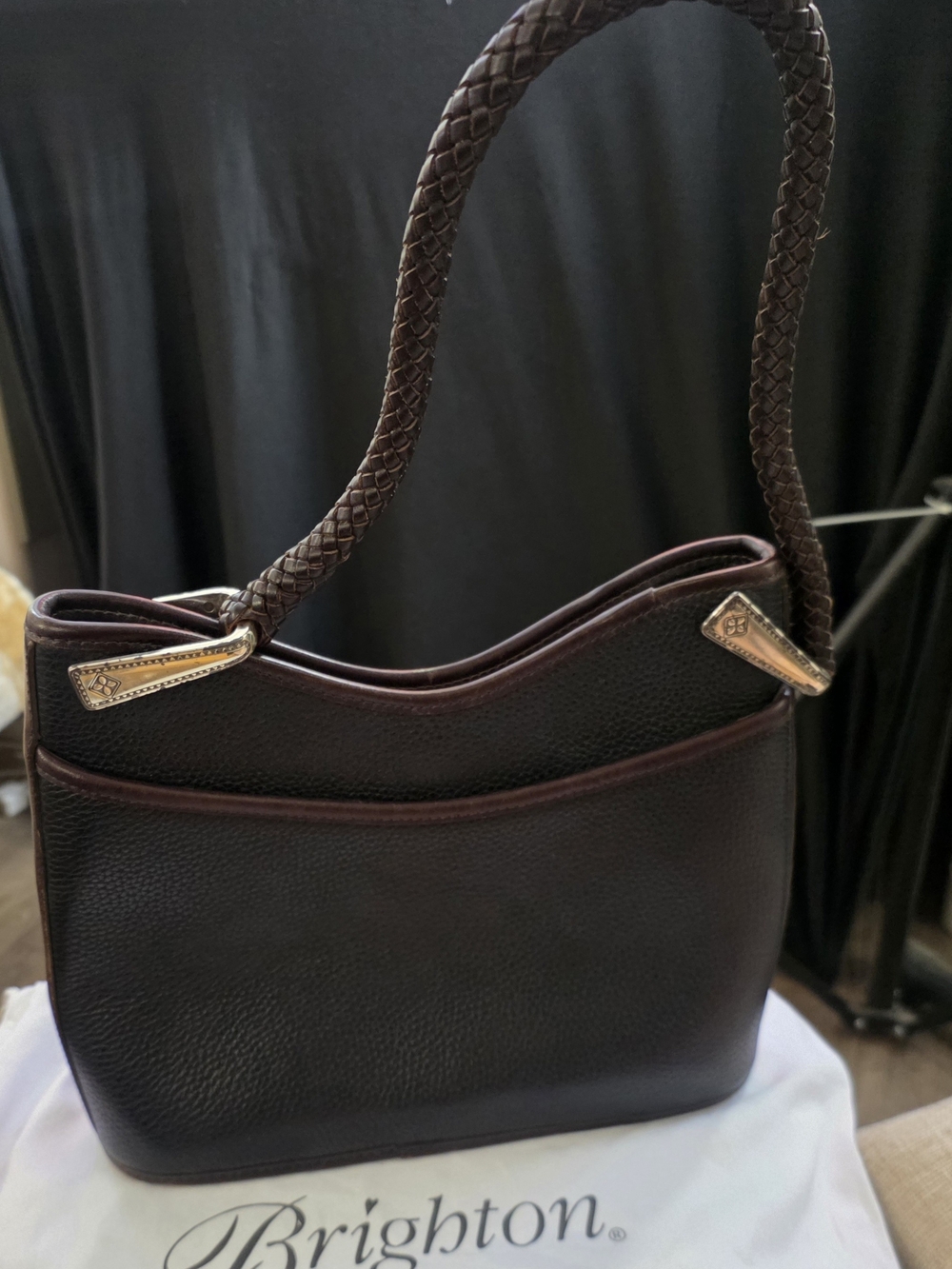 Brighton Dark Brown Leather Shoulder Bag with Braided Handle